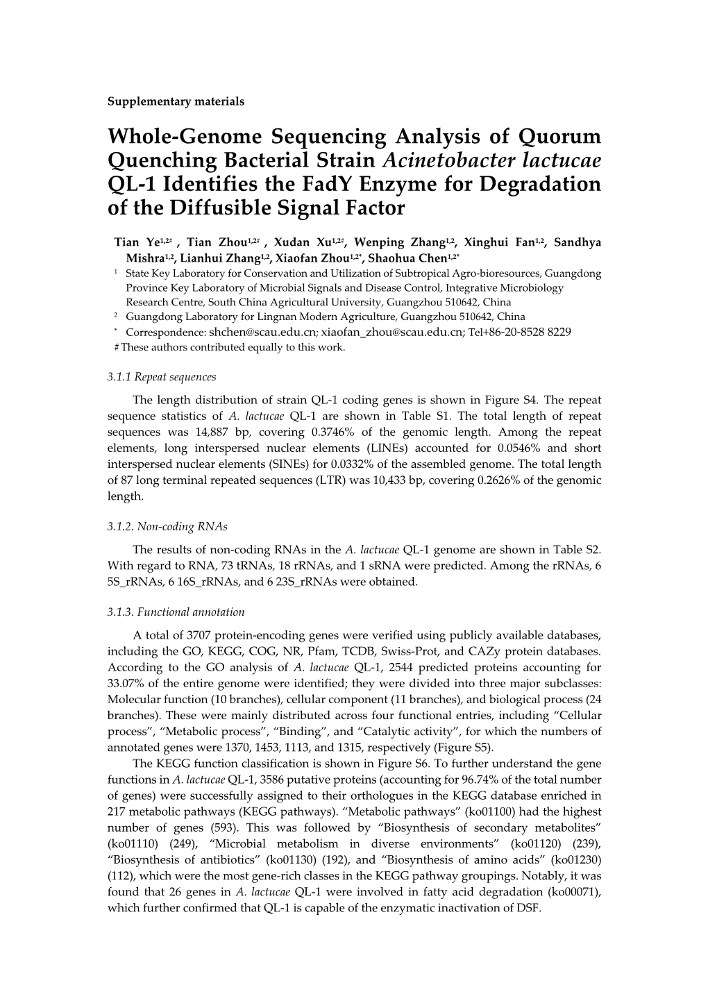 Whole-Genome Sequencing Analysis of Quorum Quenching Bacterial Strain Acinetobacter Lactucae QL-1 Identifies the Fady Enzyme