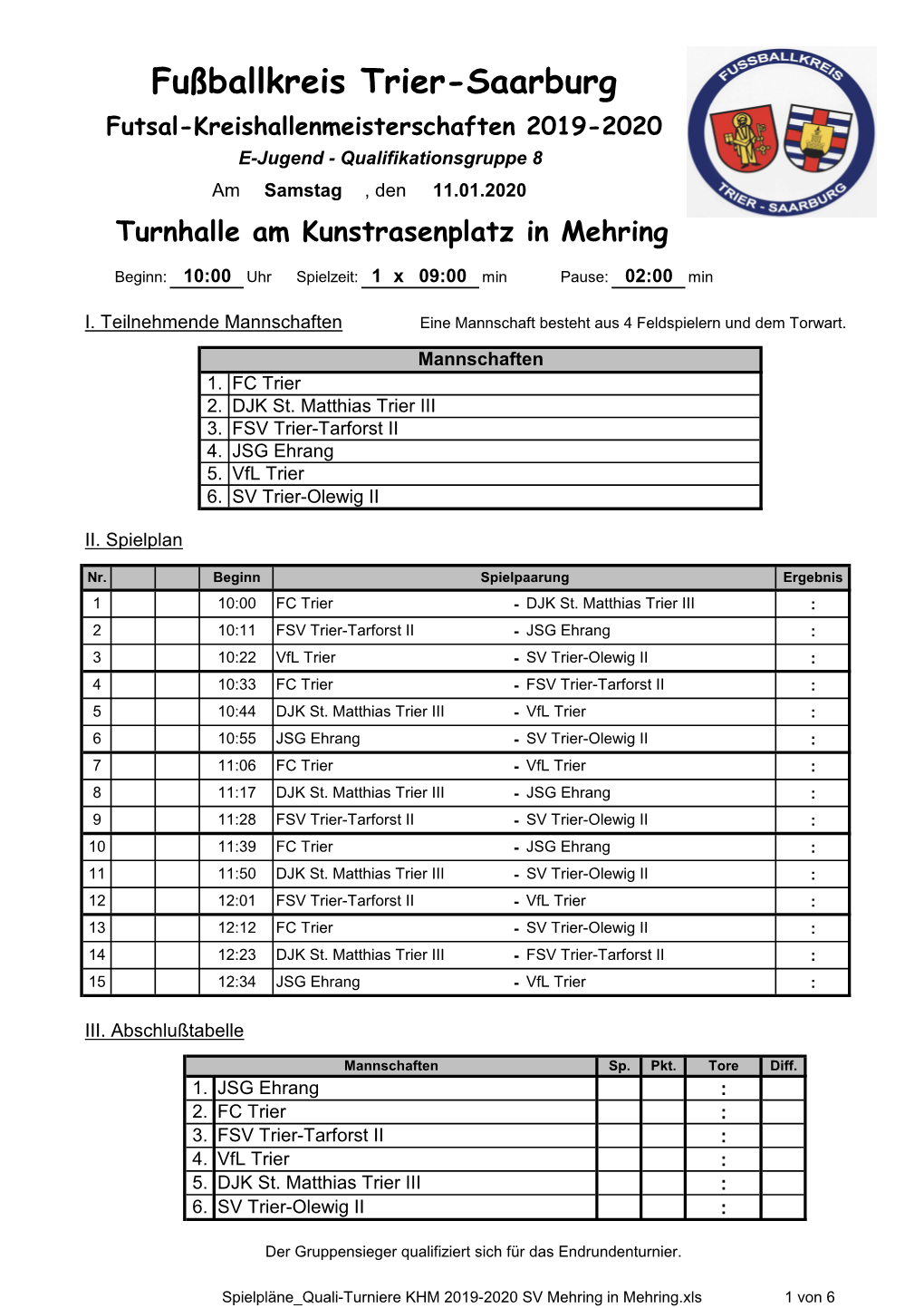 (Spielpläne Quali-Turniere KHM 2019-2020 SV Mehring in Mehring