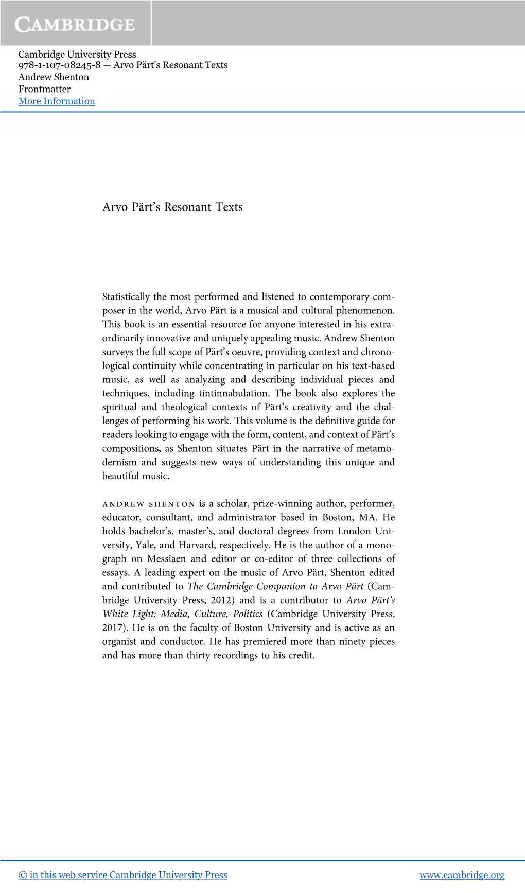 Arvo Pärt's Resonant Texts Andrew Shenton Frontmatter More Information