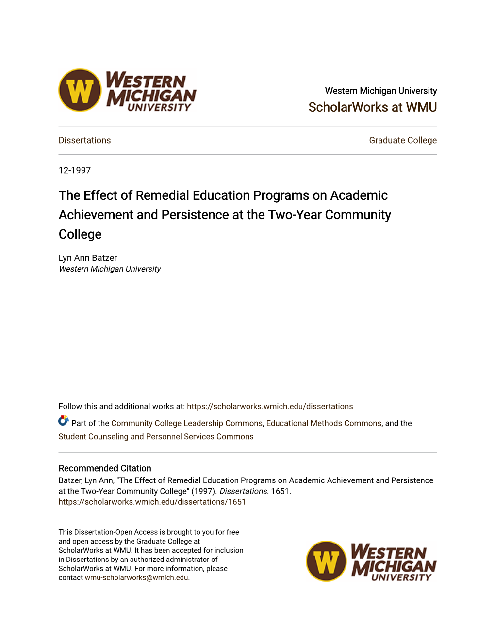 The Effect of Remedial Education Programs on Academic Achievement and Persistence at the Two-Year Community College