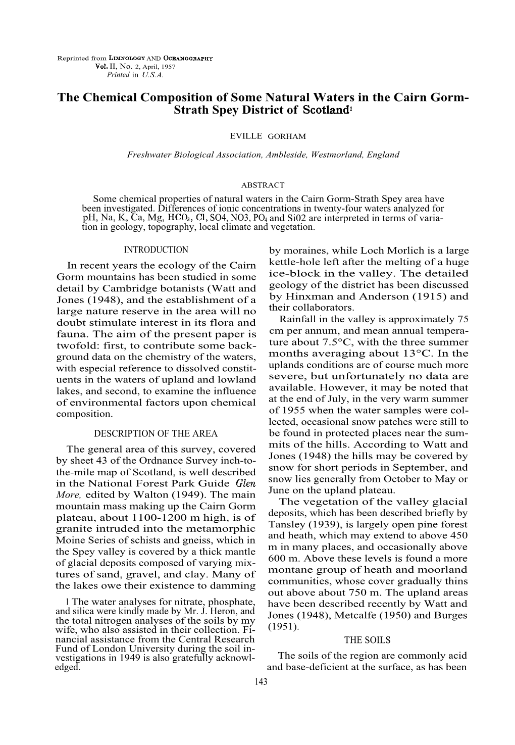 The Chemical Composition of Some Natural Waters in the Cairn Gorm- Strath Spey District of Scotian&