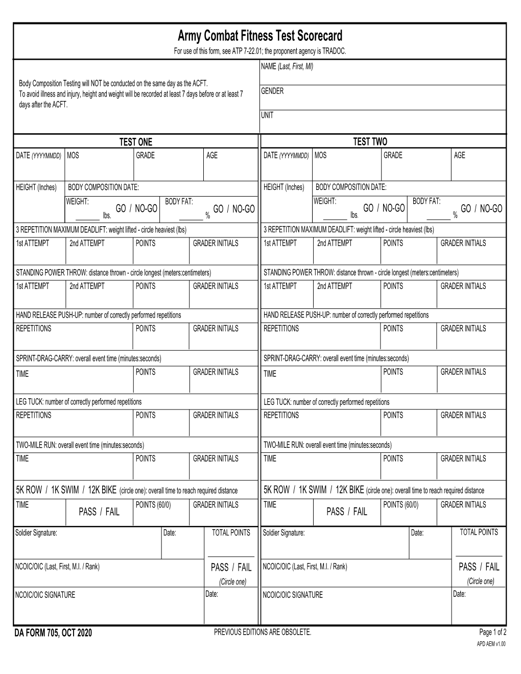 DA Form 705 Army Combat Fitness Test Scorecard - DocsLib