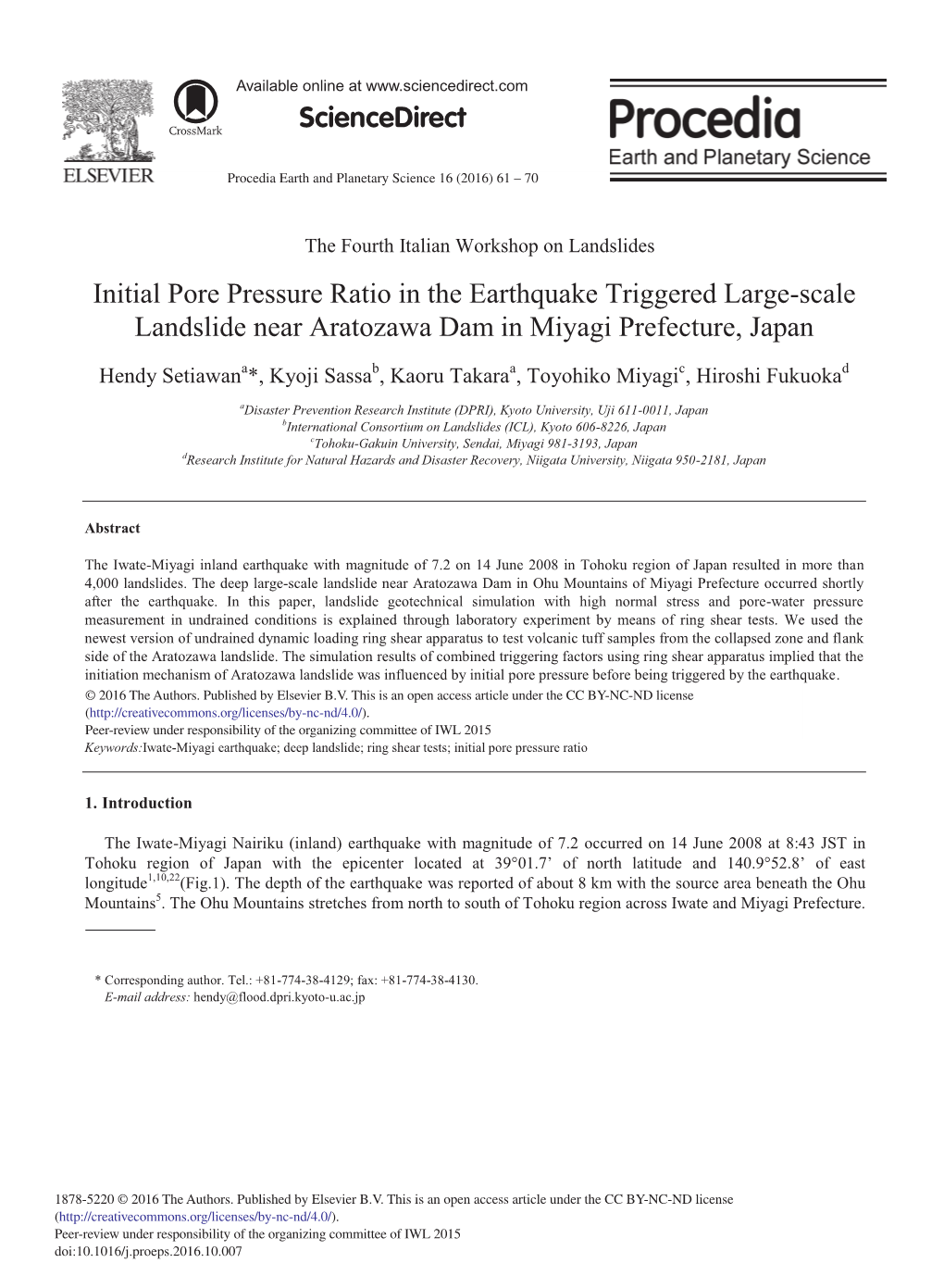 Initial Pore Pressure Ratio in the Earthquake Triggered Large-Scale Landslide Near Aratozawa Dam in Miyagi Prefecture, Japan