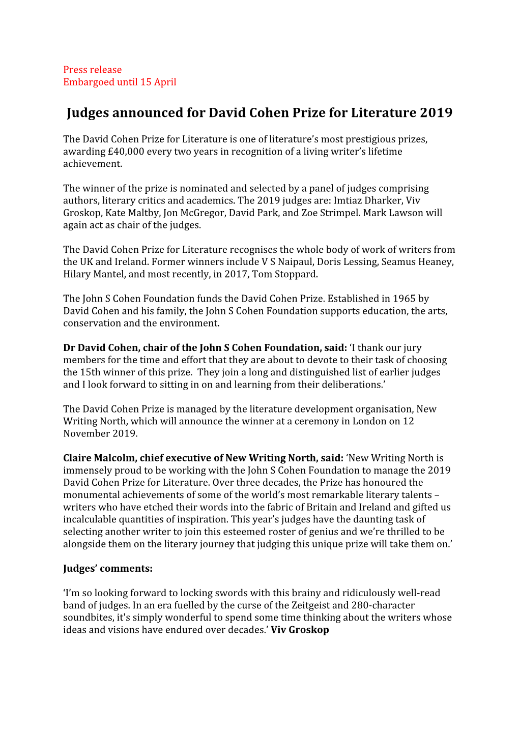 Judges Announced for David Cohen Prize for Literature 2019