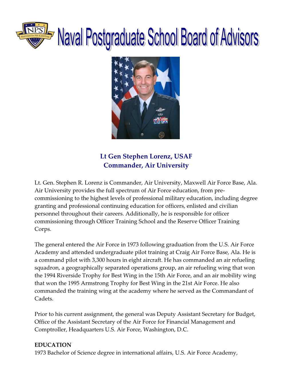 Lt Gen Stephen Lorenz, USAF Commander, Air University