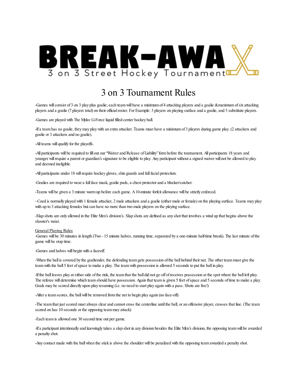 3 on 3 Tournament Rules
