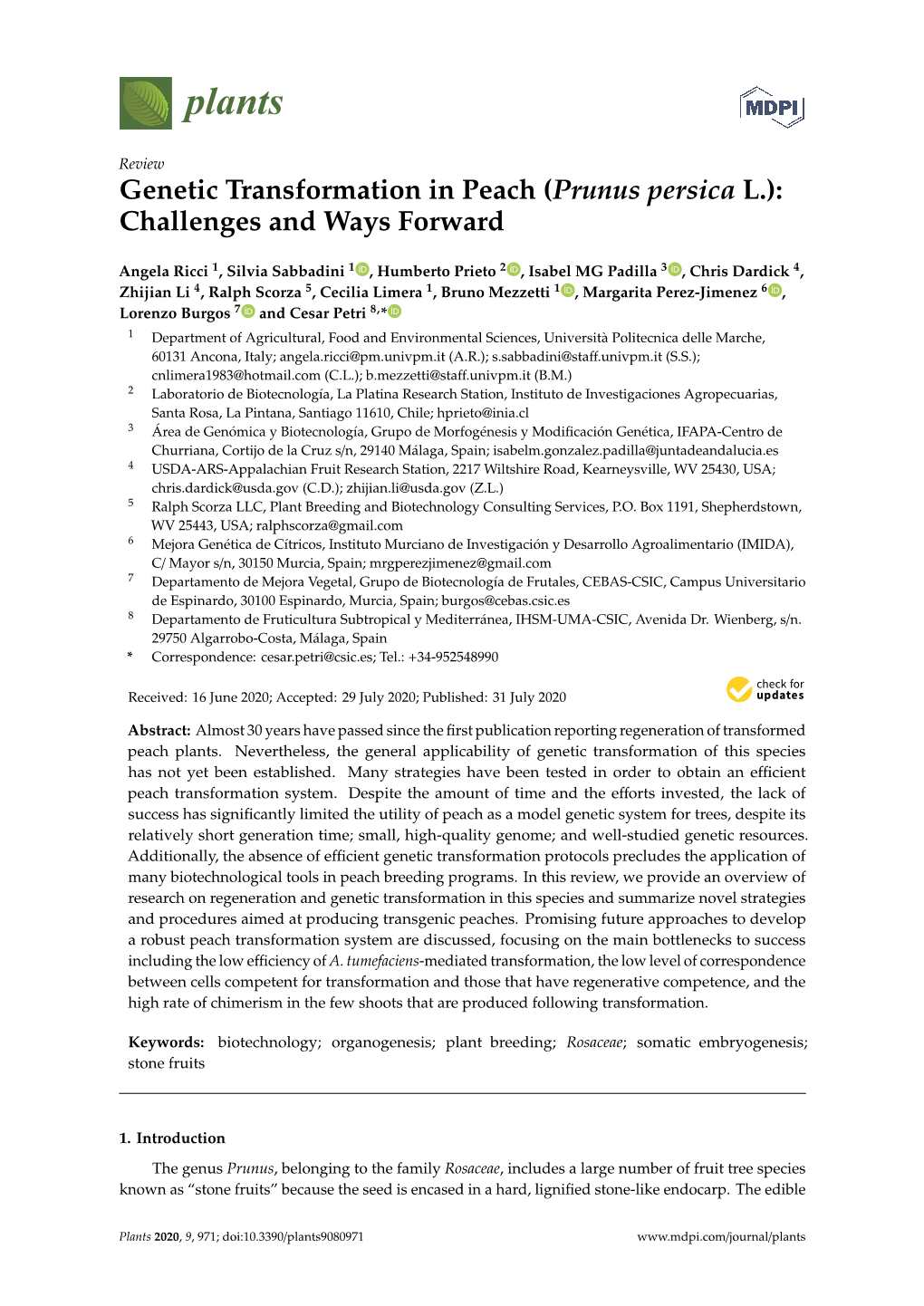 Genetic Transformation in Peach (Prunus Persica L.): Challenges and Ways Forward