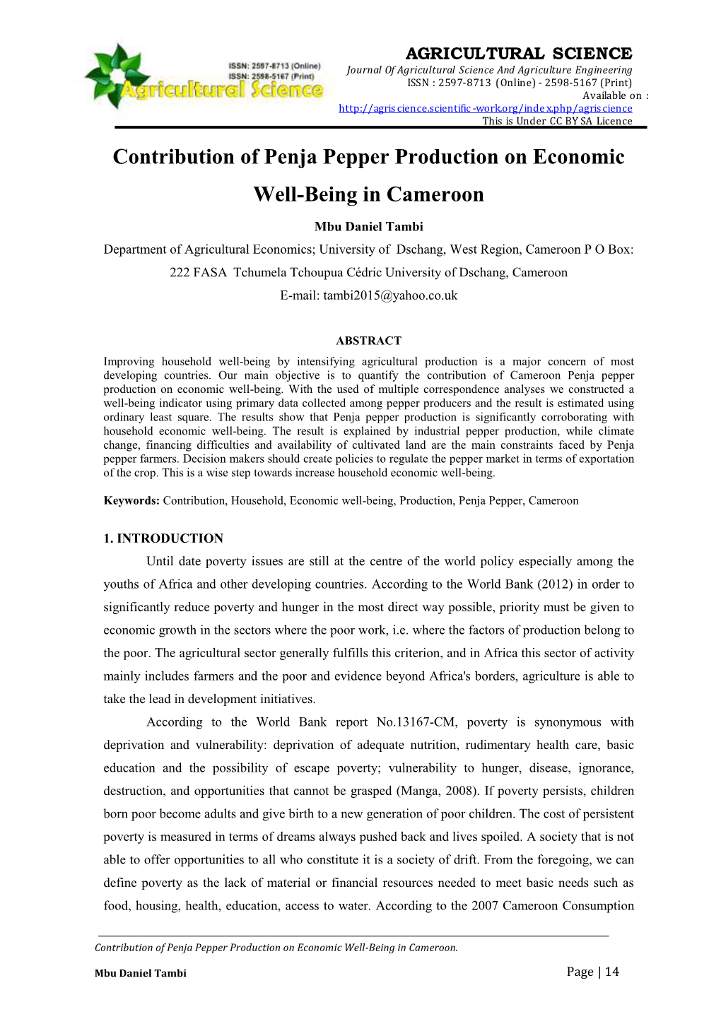 Contribution of Penja Pepper Production on Economic Well-Being in Cameroon