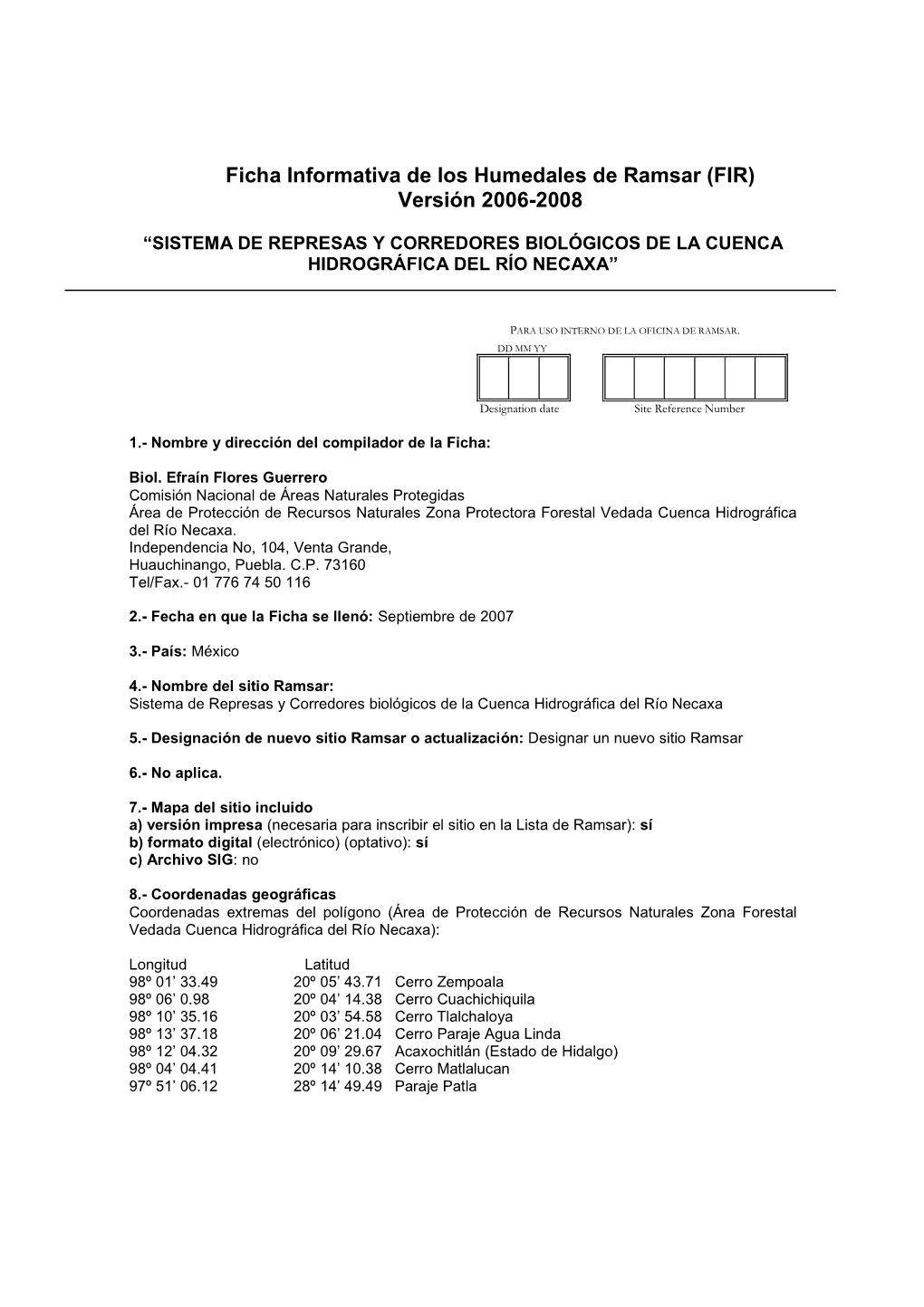 Ficha Informativa De Los Humedales De Ramsar (FIR) Versión 2006-2008