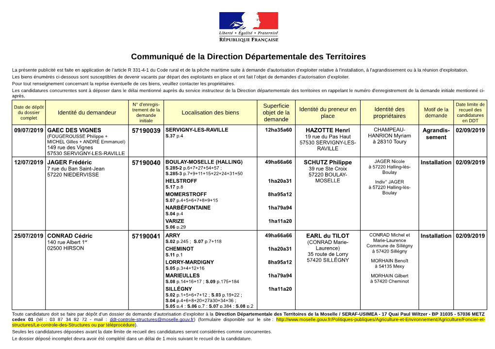 Communiqué De La Direction Départementale Des Territoires