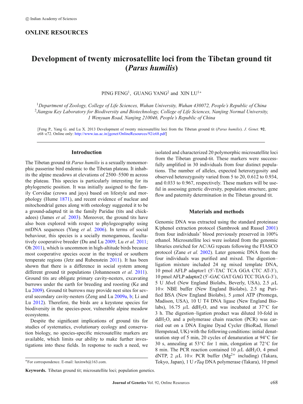 Development of Twenty Microsatellite Loci from the Tibetan Ground Tit (Parus Humilis)