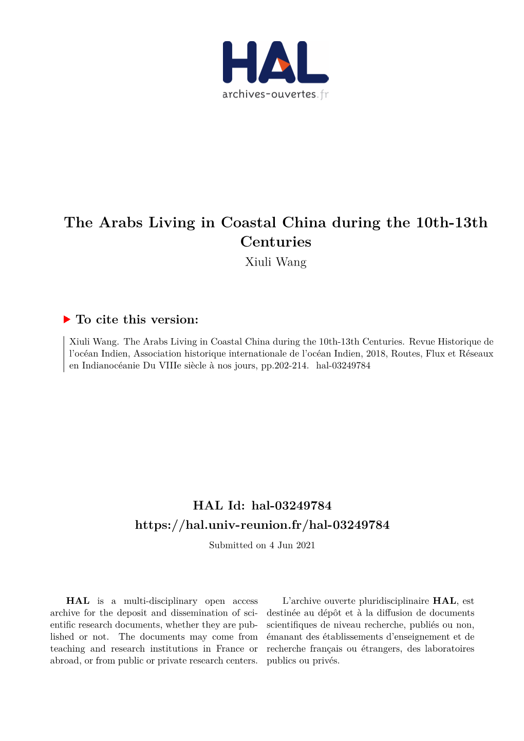 The Arabs Living in Coastal China During the 10Th-13Th Centuries Xiuli Wang