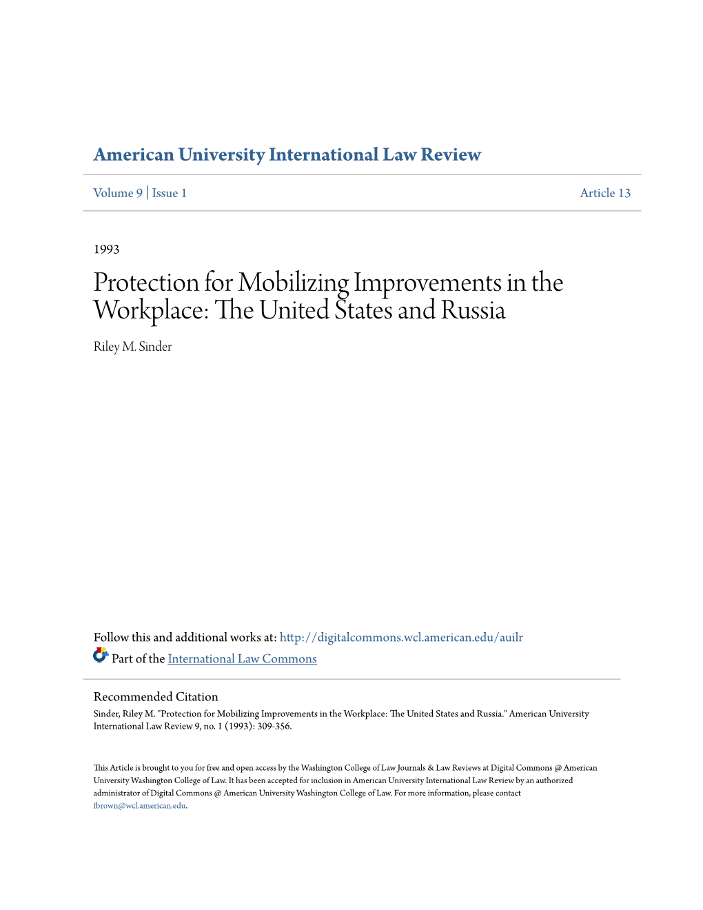 Protection for Mobilizing Improvements in the Workplace: the Nitu Ed States and Russia Riley M