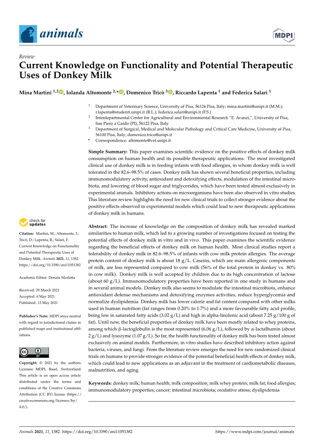 Current Knowledge on Functionality and Potential Therapeutic Uses of Donkey Milk