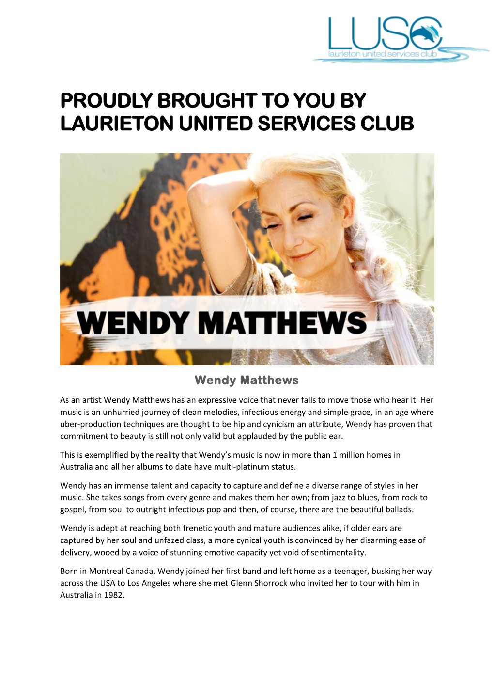 Proudly Brought to You by Laurieton United Services Club