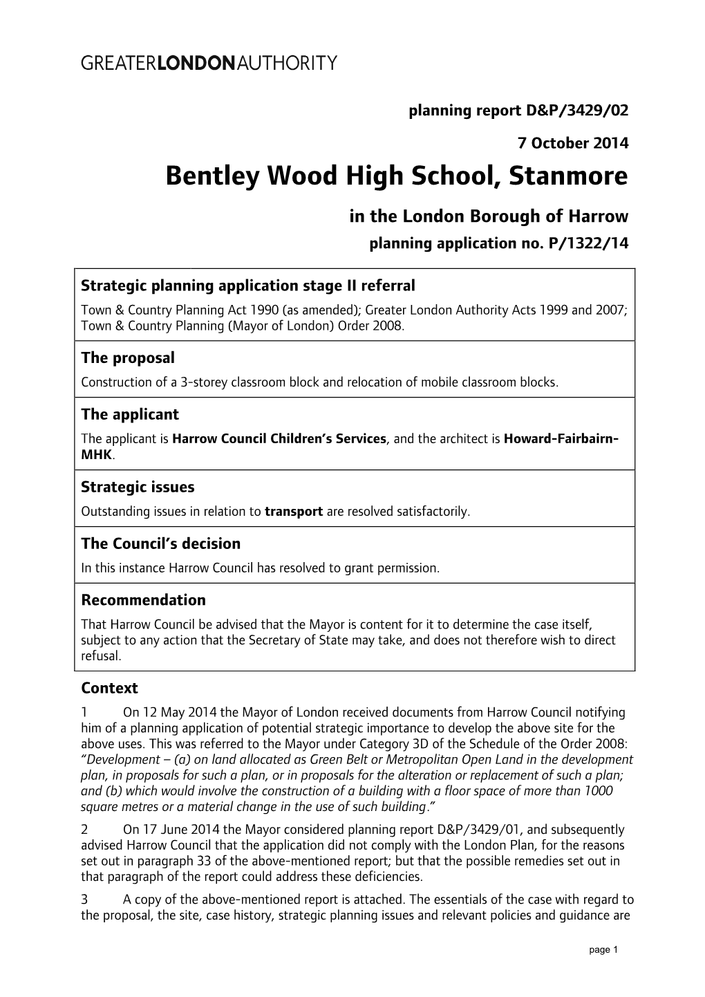 Bentley Wood High School, Stanmore in the London Borough of Harrow Planning Application No