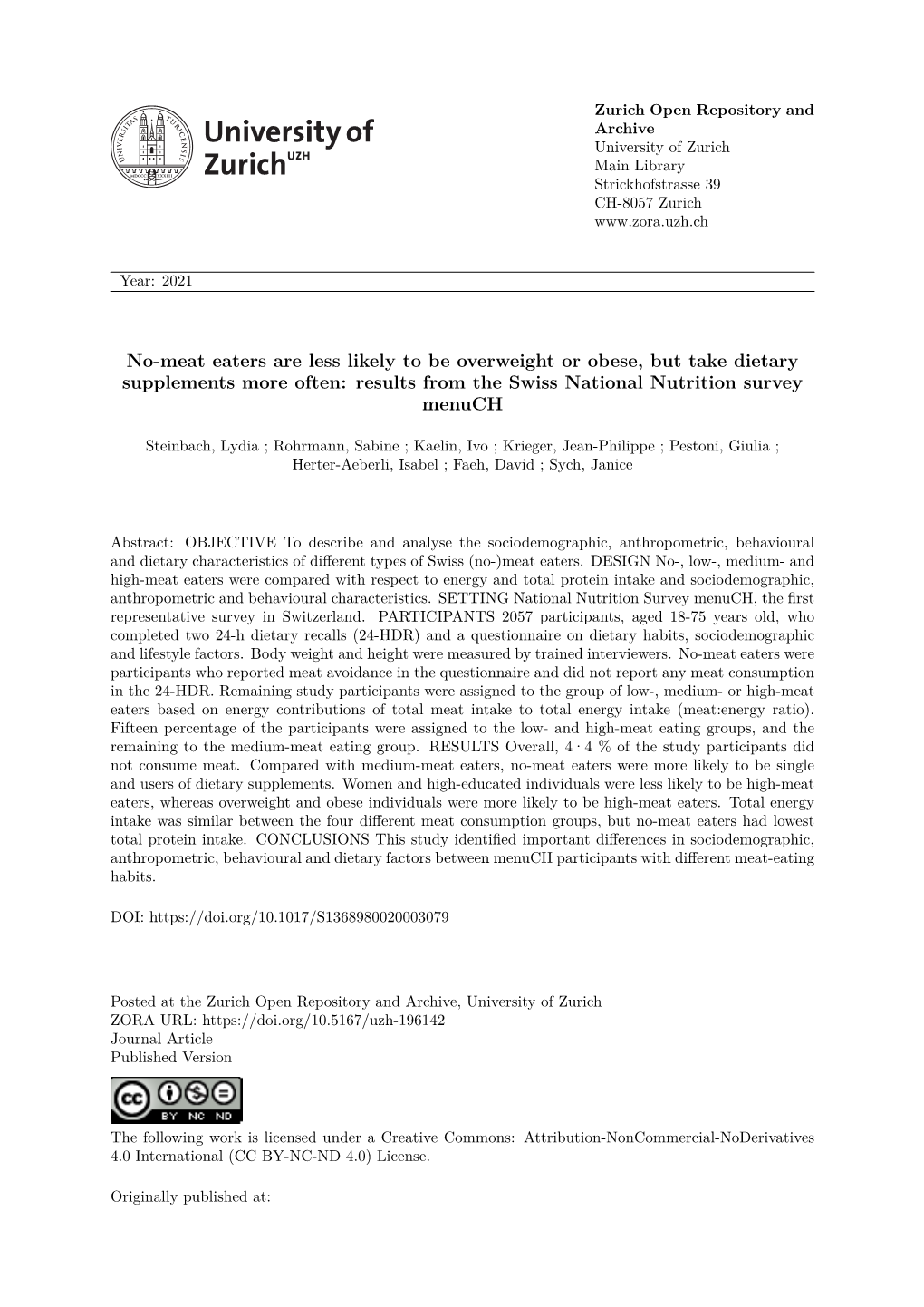 No-Meat Eaters Are Less Likely to Be Overweight Or Obese, but Take Dietary Supplements More Often: Results from the Swiss National Nutrition Survey Menuch