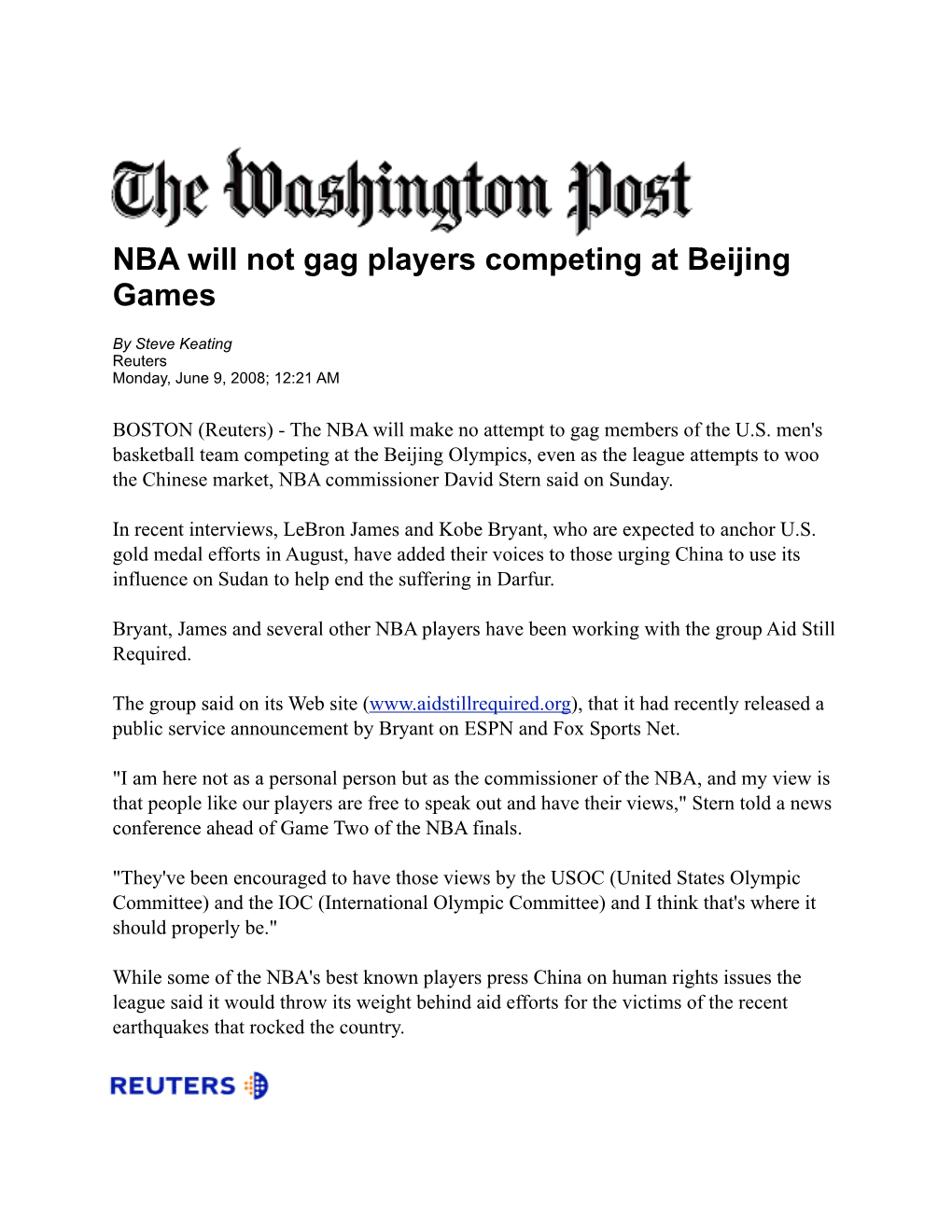NBA Will Not Gag Players Competing at Beijing Games