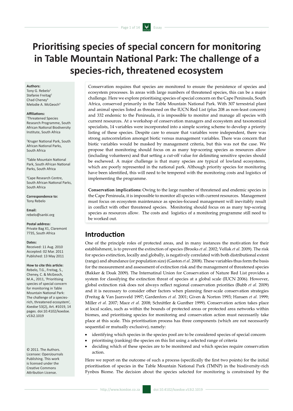 Prioritising Species of Special Concern for Monitoring in Table Mountain National Park: the Challenge of a Species-Rich, Threatened Ecosystem