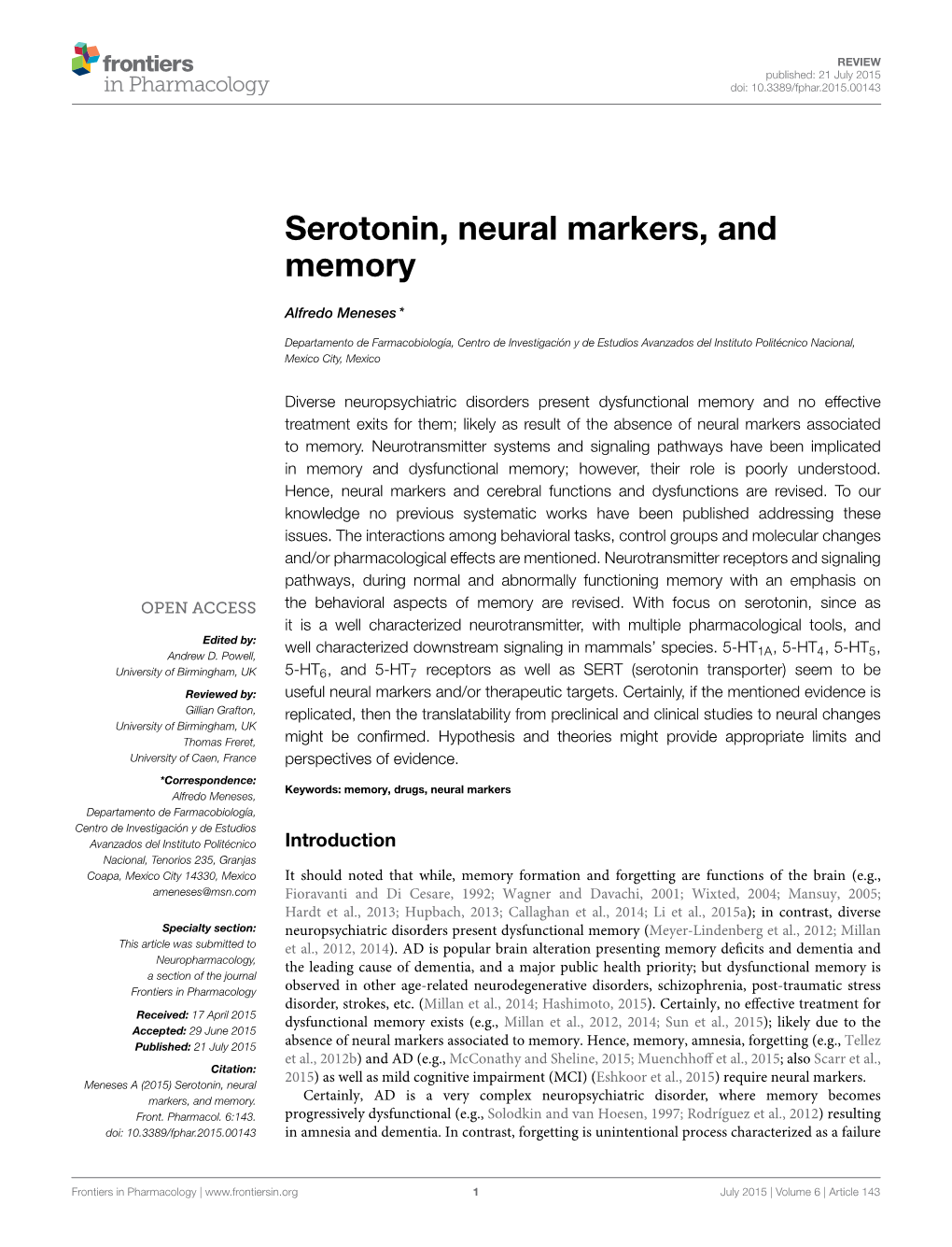 Serotonin, Neural Markers, and Memory