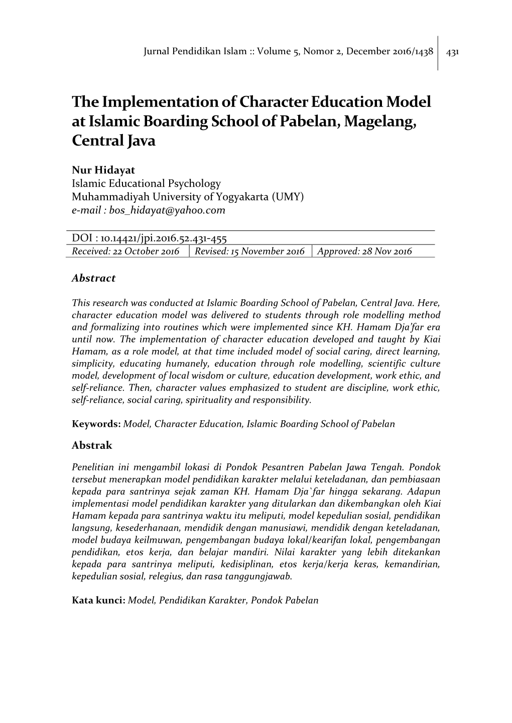 The Implementation of Character Education Model at Islamic Boarding School of Pabelan, Magelang, Central Java