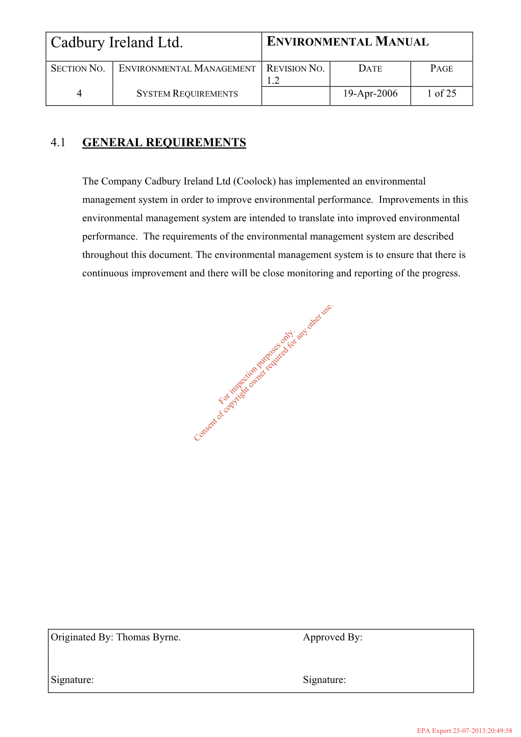 Cadbury Ireland Ltd. ENVIRONMENTAL MANUAL