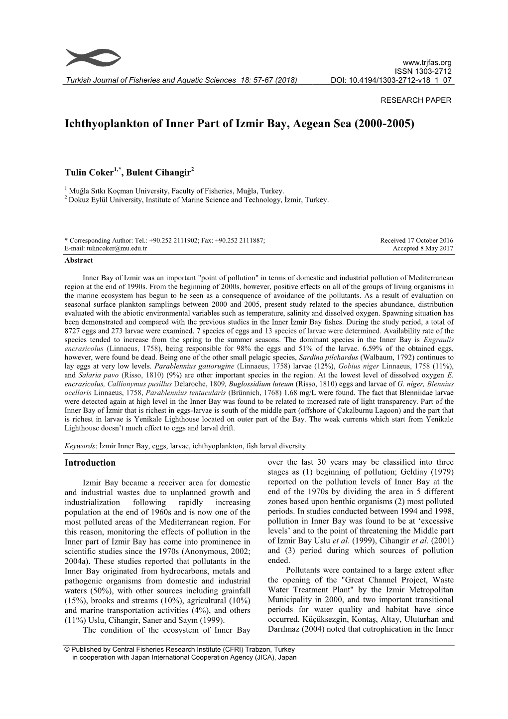 Ichthyoplankton of Inner Part of Izmir Bay, Aegean Sea (2000-2005)