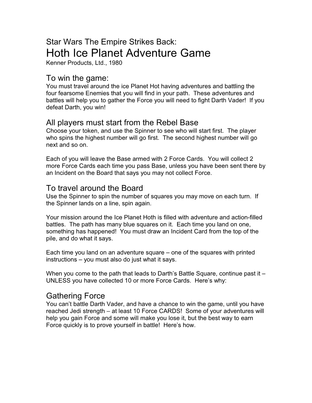 Star Wars the Empire Strikes Back: Hoth Ice Planet Adventure Game Kenner Products, Ltd., 1980