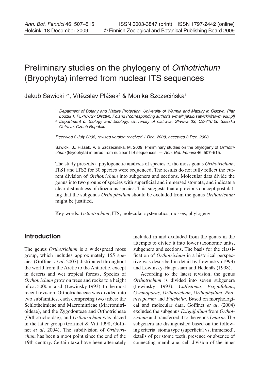 Orthotrichum (Bryophyta) Inferred from Nuclear ITS Sequences