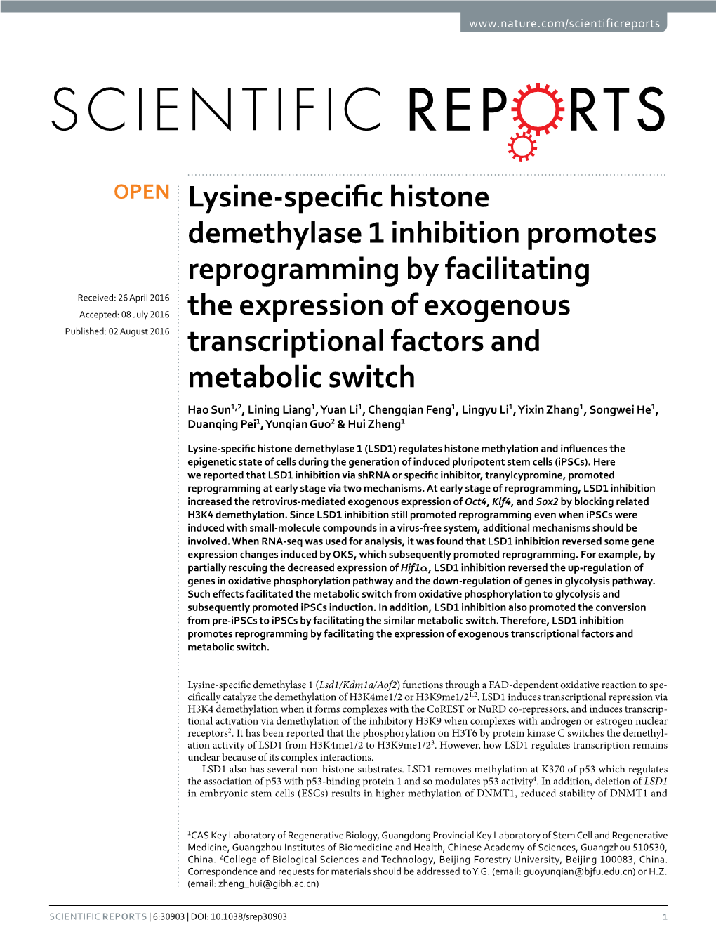 Lysine-Specific Histone Demethylase 1 Inhibition Promotes Reprogramming