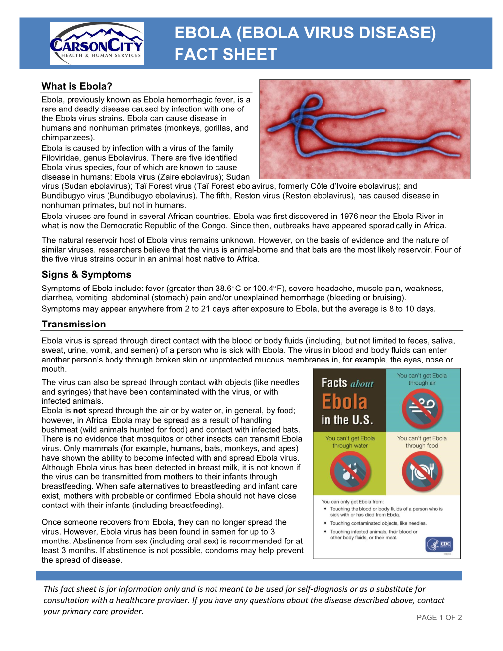 Ebola (Ebola Virus Disease) Fact Sheet