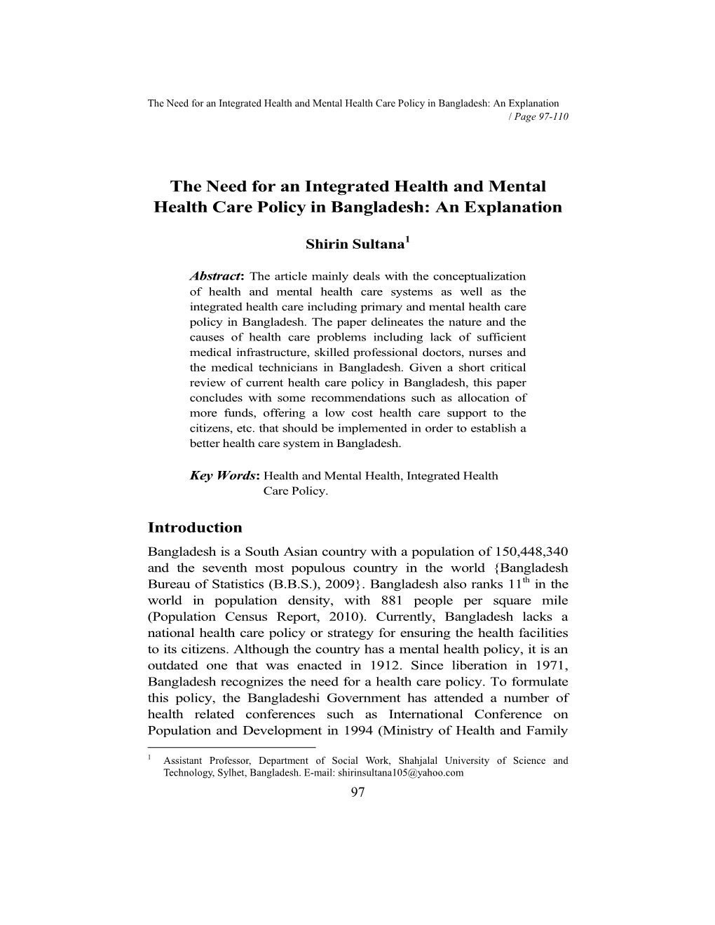 The Need for an Integrated Health and Mental Health Care Policy in Bangladesh: an Explanation / Page 97-110