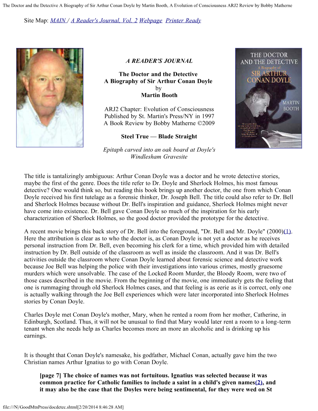 The Doctor and the Detective a Biography of Sir Arthur Conan Doyle by Martin Booth, a Evolution of Consciousness ARJ2 Review by Bobby Matherne