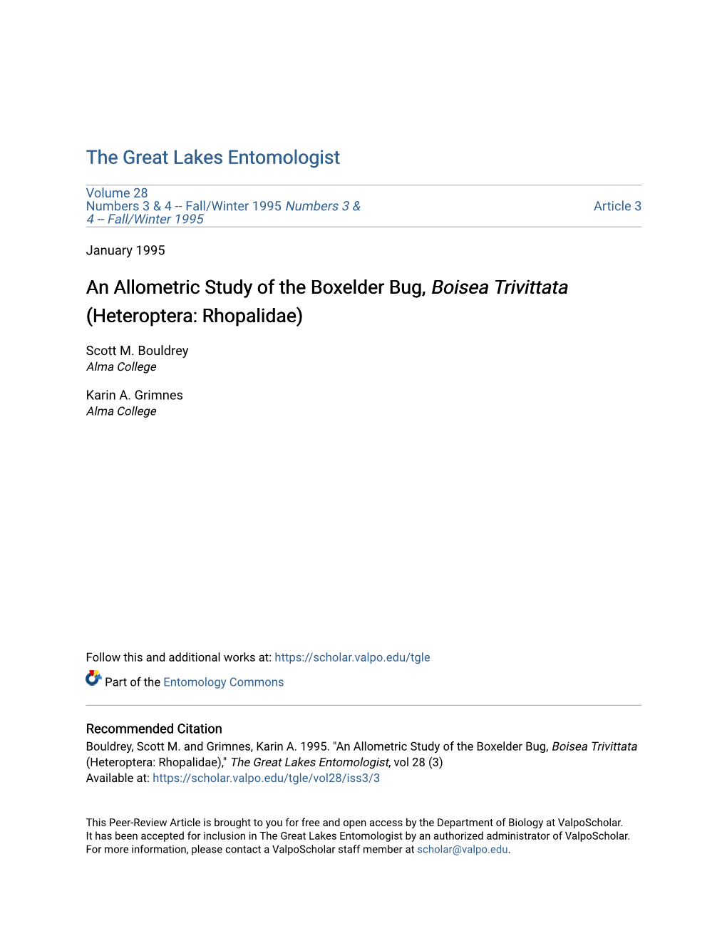 An Allometric Study of the Boxelder Bug, Boisea Trivittata (Heteroptera: Rhopalidae)