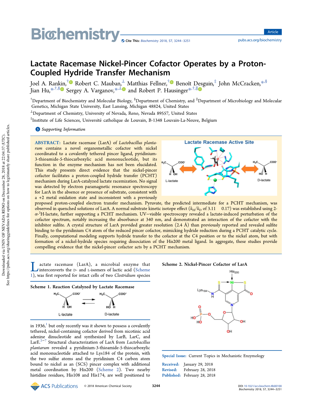 Lactate Racemase Nickel-Pincer Cofactor Operates by a Proton- Coupled Hydride Transfer Mechanism Joel A