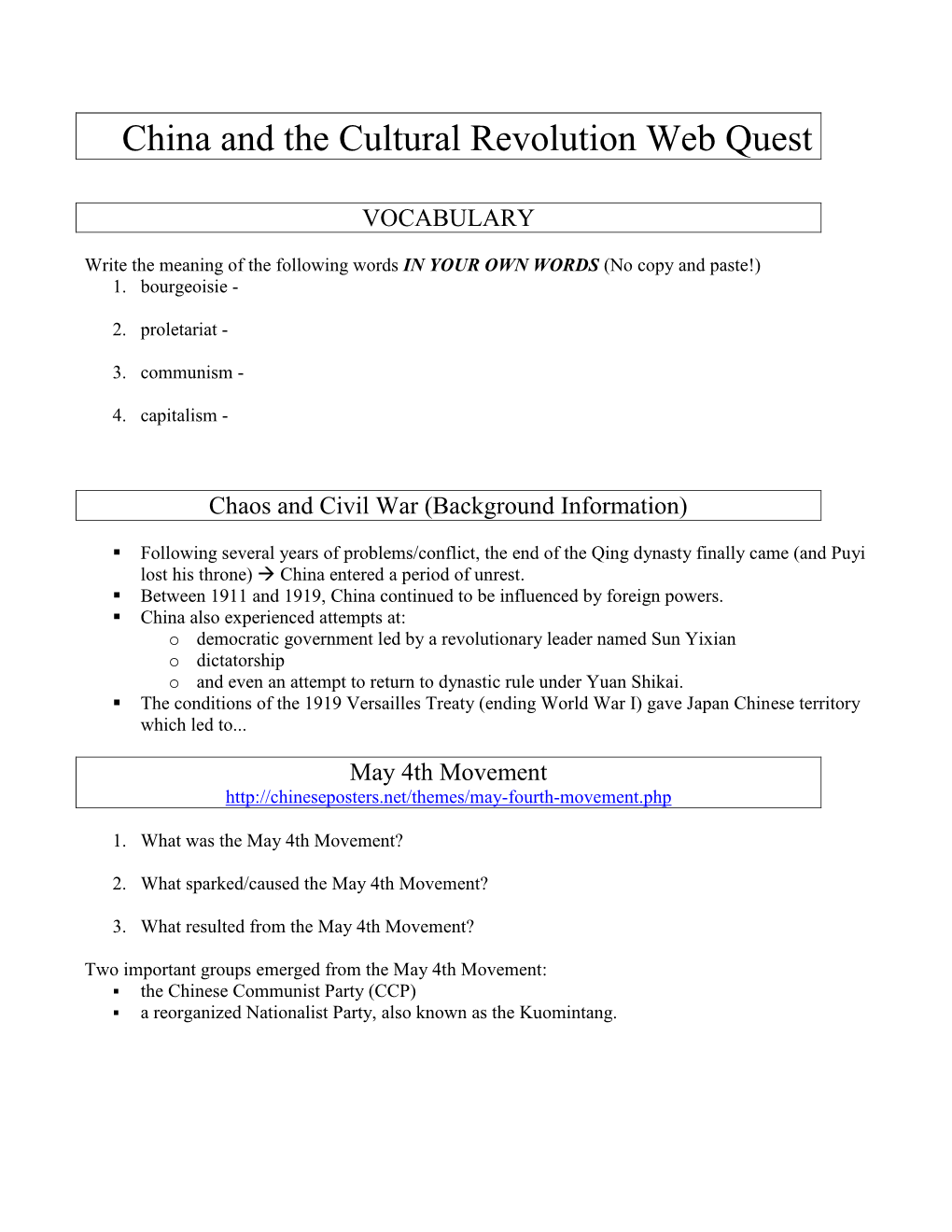 China and the Cultural Revolution Web Quest