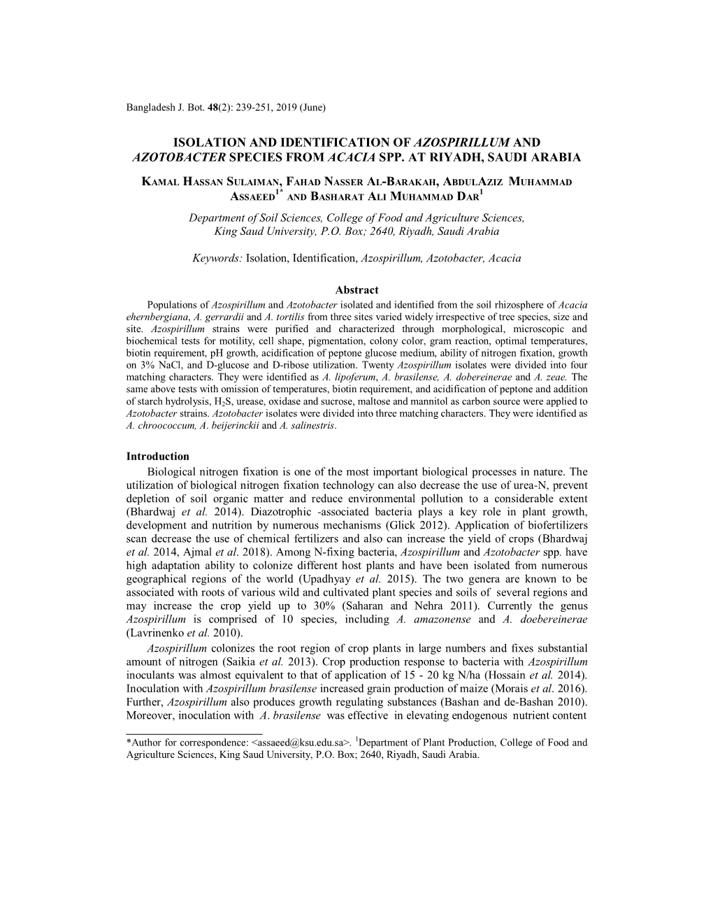 Isolation and Identification of Azospirillum and Azotobacter Species from Acacia Spp