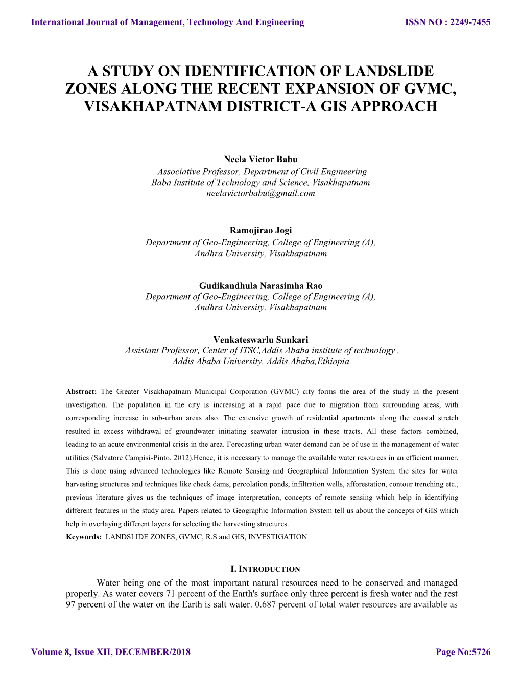 A Study on Identification of Landslide Zones Along the Recent Expansion of Gvmc, Visakhapatnam District-A Gis Approach