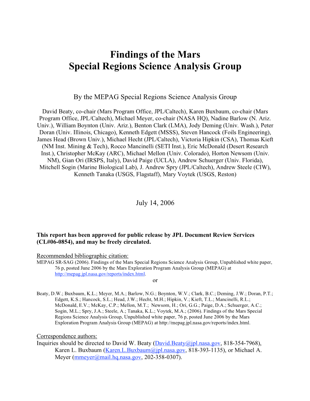 Findings of the Mars Special Regions Science Analysis Group