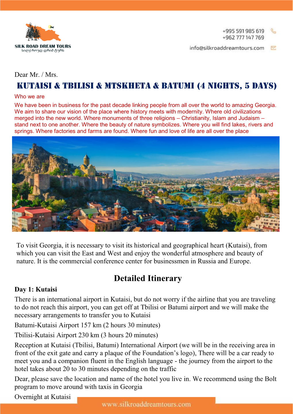 Kutaisi & Tbilisi & Mtskheta & Batumi (4 Nights, 5 Days) Detailed Itinerary