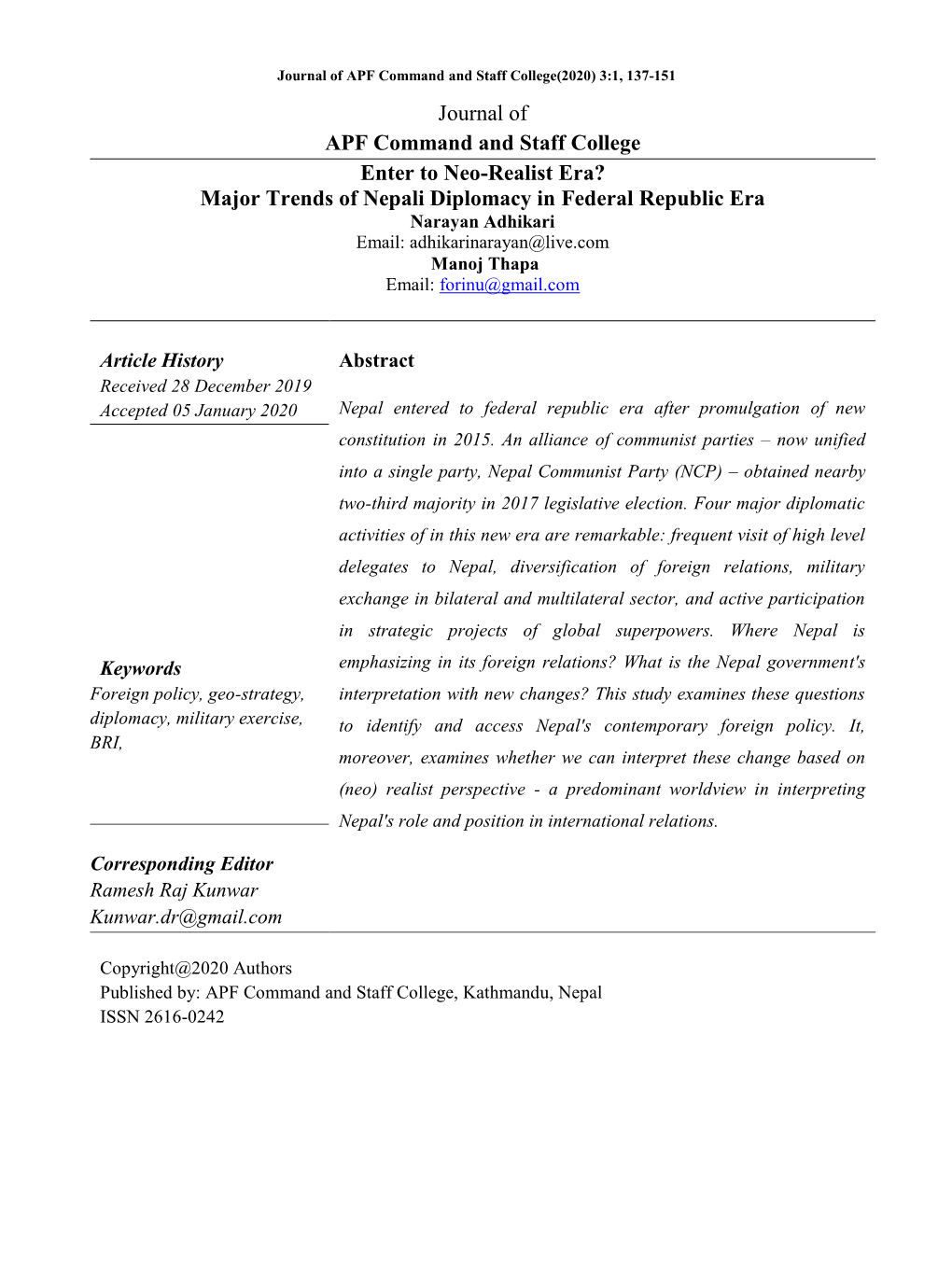 Journal of APF Command and Staff College Enter to Neo-Realist Era