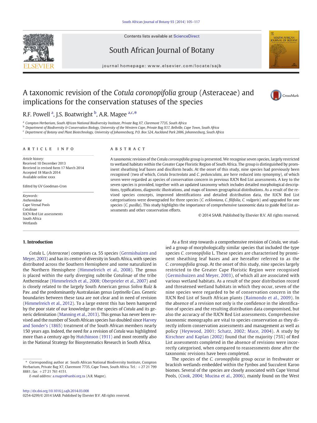 A Taxonomic Revision of the Cotula Coronopifolia Group (Asteraceae) and Implications for the Conservation Statuses of the Species