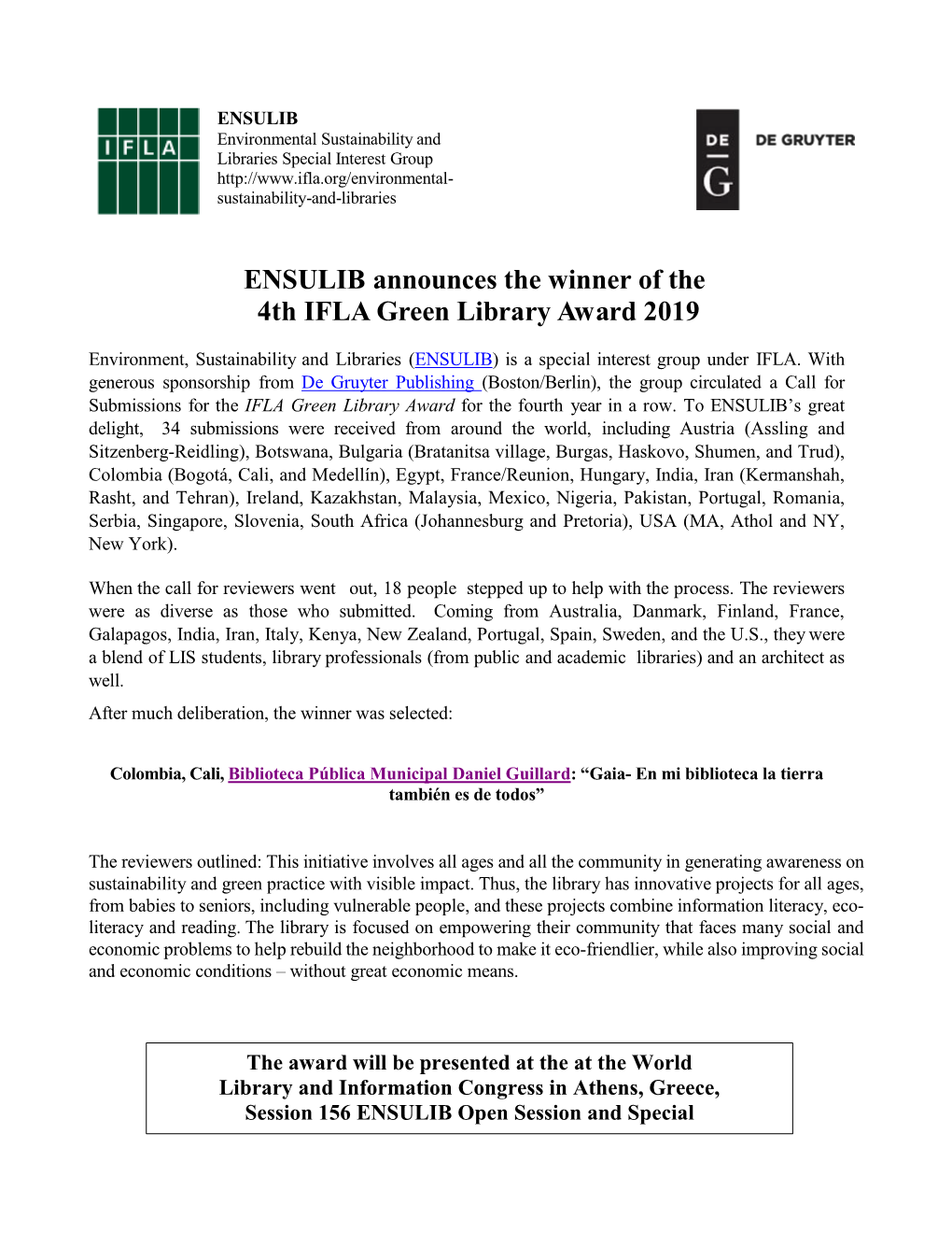 ENSULIB Announces the Winner of the 4Th IFLA Green Library Award 2019