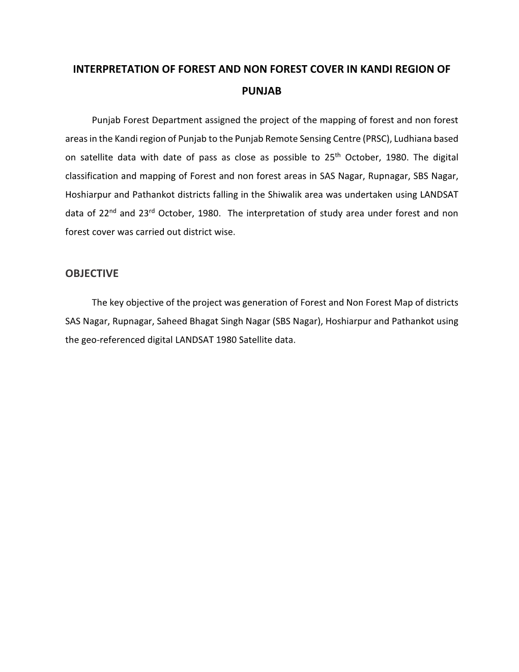 Interpretation of Forest and Non Forest Cover in Kandi Region of Punjab