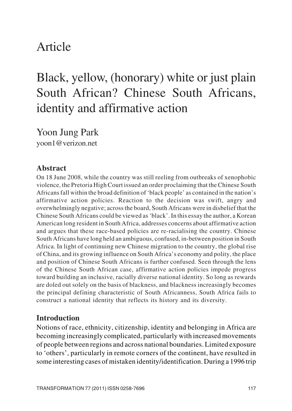 Chinese South Africans, Identity and Affirmative Action