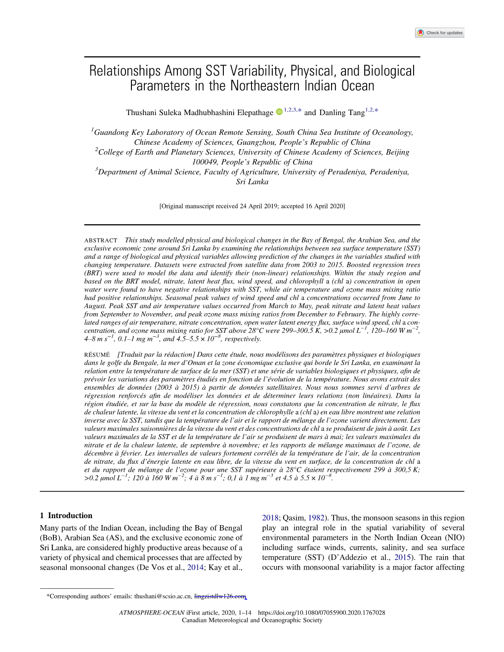 Relationships Among SST Variability, Physical, and Biological Parameters in the Northeastern Indian Ocean