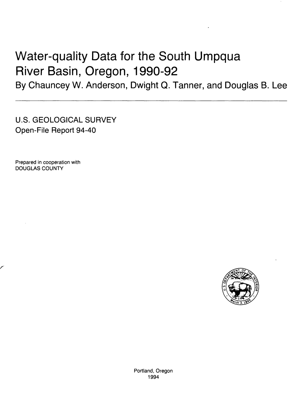 Water-Quality Data for the South Umpqua River Basin, Oregon, 1990-92 by Chauncey W