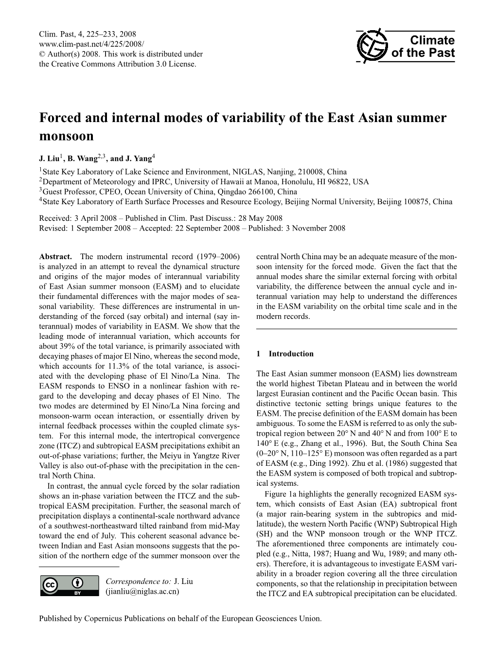 Forced and Internal Modes of Variability of the East Asian Summer Monsoon