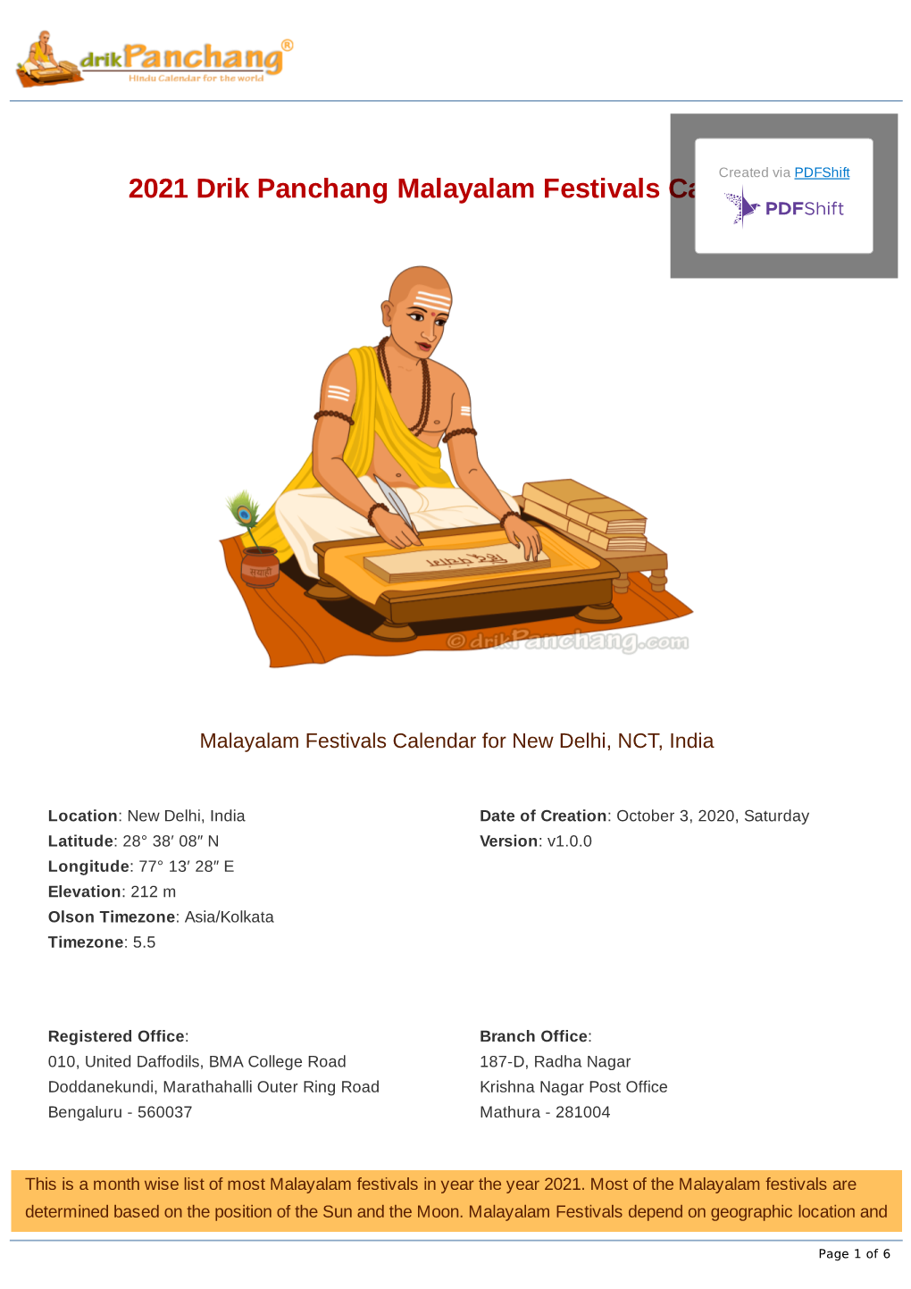 2021 Drik Panchang Malayalam Festivals Calendar