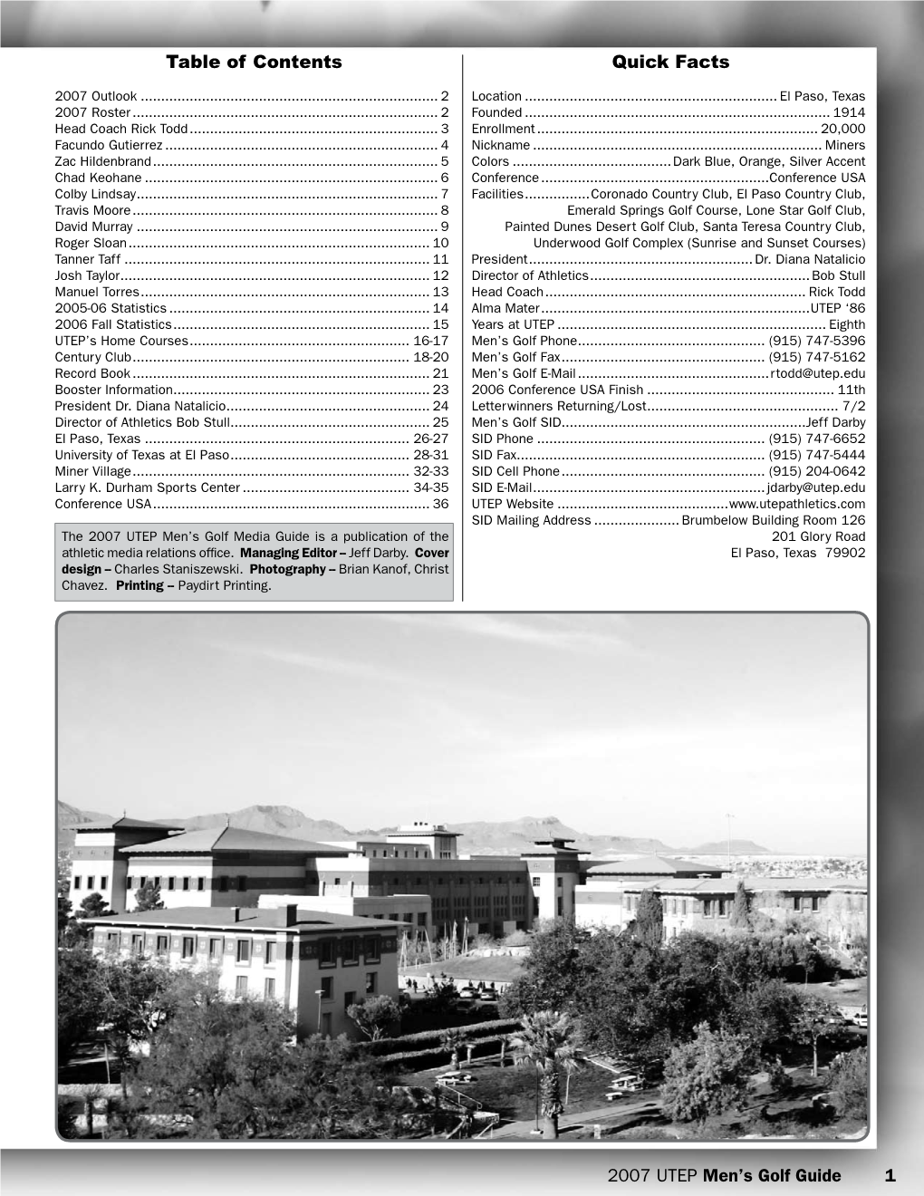 2007 UTEP Men's Golf Guide Quick Facts Table of Contents